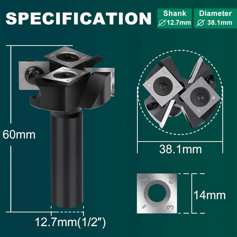 Pro Grade CNC Spoilboard Surfacing Router Bit With Four Wings Half Inch Shank One And A Half Inch Cutting Diameter Slab Flattening Bit For CNC Routers Anti Kickback And Heat Resistant Coating, dimensions visible