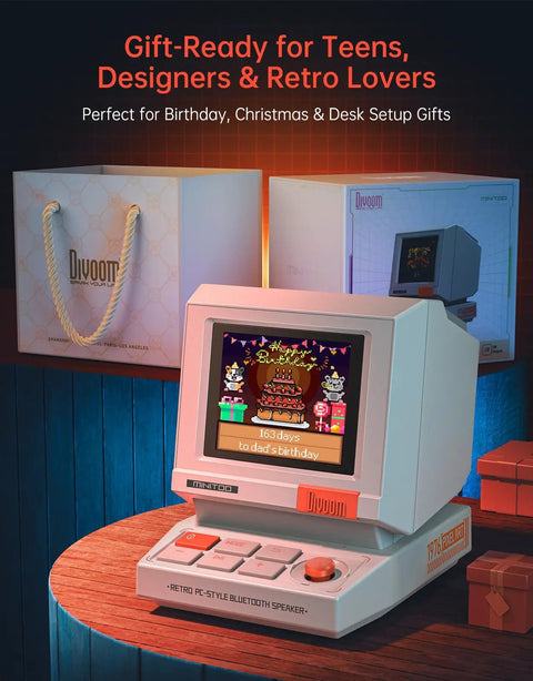 Mini Retro PC Style Speaker With Pixel Screen And DIY Faces Bluetooth And USB Audio Alarm Clock And White Noise on display