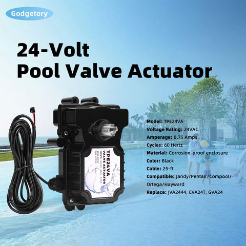 Front view of Godgetory 24-Volt Pool Valve Actuator, black with long cable.