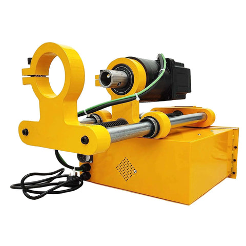 Side view of BREVELTION portable hole drilling machine with yellow frame, motor, rails, and 45–180mm hole diameter