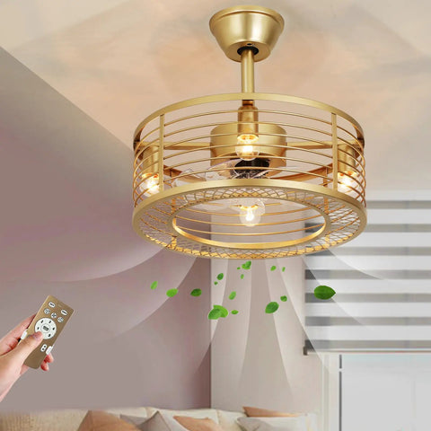 Gold Finish Caged Ceiling Fan With Light Remote Control Fandelier With Reversible Copper Motor 6 Speed Settings 18 Inch For Bedroom And Kitchen