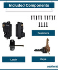 Components of Two Sided Key Lock Gate Latch For Metal Wood And Vinyl Fences, Heavy Duty Nylon Polymer Self Latching Gate Lock.