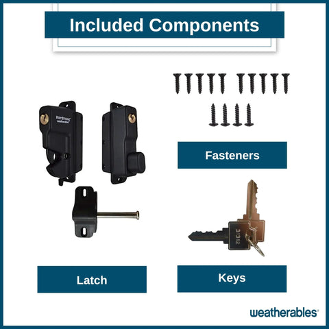 Components of Two Sided Key Lock Gate Latch For Metal Wood And Vinyl Fences, Heavy Duty Nylon Polymer Self Latching Gate Lock.
