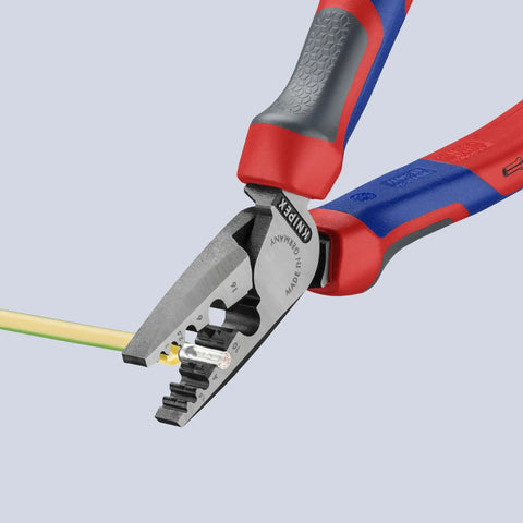 Handy Comfort Grip Crimping Pliers For Wire Ferrules 5 To 23 AWG 0.25 To 16 Mm2 DIN 46228 Parts 1 And 4 in use crimping a wire