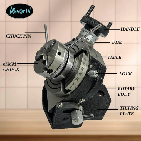 4 Inch Tilting Milling Rotary Table with 0 to 90 Degree Tilt, 65mm Chuck, and Dial for Metalworking Precision Indexing