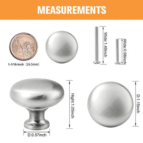 Satin Nickel Cabinet Knobs 20 Pack Single Hole Mushroom Style Round Hardware measurements with US quarter for size comparison