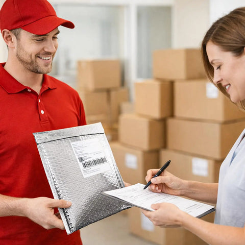 Delivery person handing over Bulk 30 Pack Thermal Bubble Mailers 9.5 X 11 Inch Insulated Self Sealing Waterproof Metallic Foil Padded Envelopes