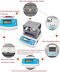 Instructional diagram for Next Level Electronic Density Meter And Digital Hydrostatic Scale, showing sample placement and settings.