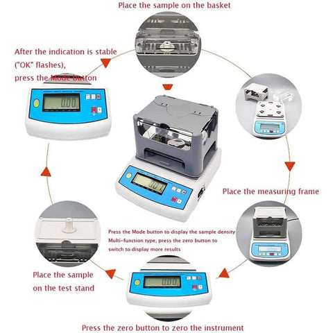 Instructional diagram for Next Level Electronic Density Meter And Digital Hydrostatic Scale, showing sample placement and settings.