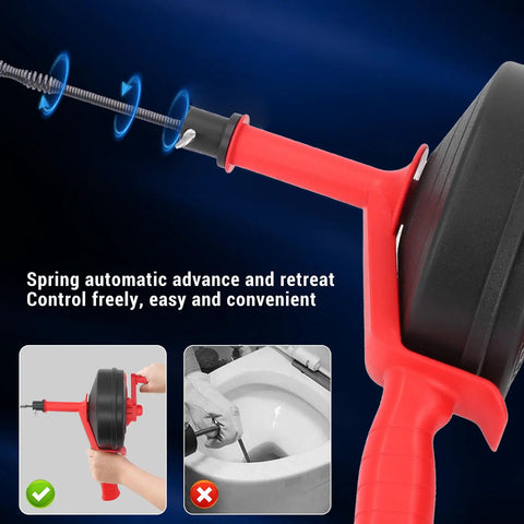 Heavy Duty Manganese Steel Drain Auger 32 Foot Plumbing Snake showing the spring action handle for easy control and operation.
