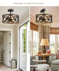 Black Drum Ceiling Light Modern Semi Flush Mount 3-Light Fixture For Bedroom Dining Room Kitchen And Hallway Farmhouse Style With Wood Grain Look Round Metal Shade 13-Inch Ceiling Lamp installed in living room.