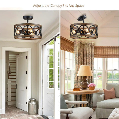 Black Drum Ceiling Light Modern Semi Flush Mount 3-Light Fixture For Bedroom Dining Room Kitchen And Hallway Farmhouse Style With Wood Grain Look Round Metal Shade 13-Inch Ceiling Lamp installed in living room.