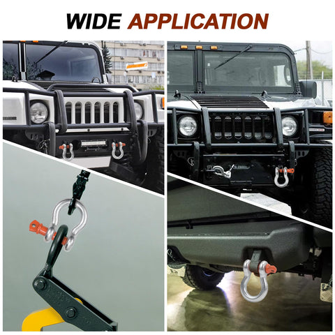 Heavy Duty Five Eighth Inch D Ring Shackles Three Point Two Five Ton Working Load Limit Clevis Shackle With Three Quarter Inch Alloy Screw Pin Two Pack For Off Road Jeep Trailer Towing Orange shown on jeep bumpers and towing application.