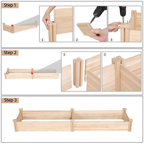 Assembly steps for Dual Section Divisible Wooden Raised Garden Bed 8 By 2 Feet Elevated Planter Box for backyard or patio