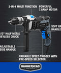 Hammerhead 7.5-Amp hammer drill with 1/2-in keyless chuck and adjustable side handle, gray and blue body.
