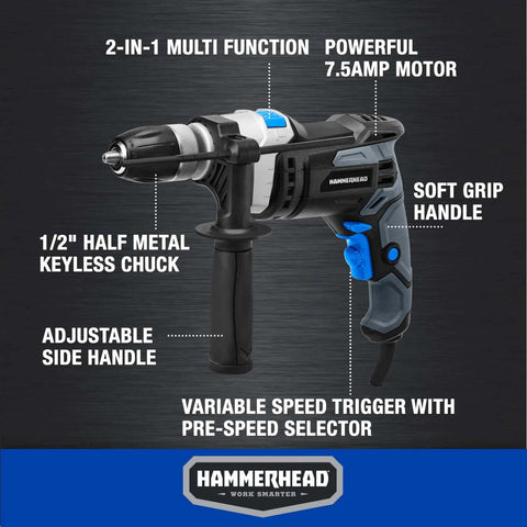 Hammerhead 7.5-Amp hammer drill with 1/2-in keyless chuck and adjustable side handle, gray and blue body.