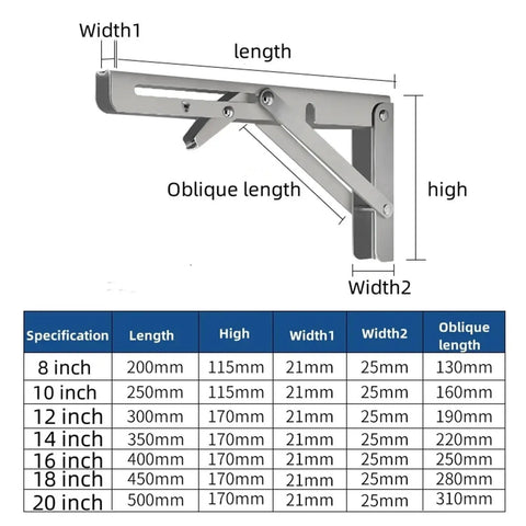 Diagram of Two Pack Beefy Triangle Folding Angle Brackets with measurements for heavy duty shelf supports