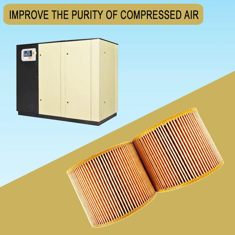 Two Pack 88171913 Air Filter Element For Air Compressors with attached compressor background, emphasizing filtration efficiency