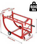 Heavy Duty Drum Dolly For 55 Gallon Barrels, 600 Pound Steel Cart With Smooth Glide Casters, shown with dimensions.
