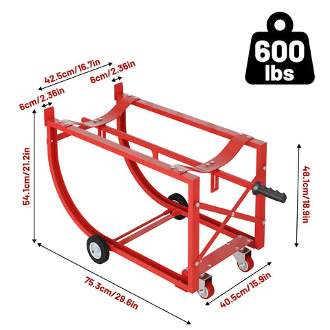 Heavy Duty Drum Dolly For 55 Gallon Barrels, 600 Pound Steel Cart With Smooth Glide Casters, shown with dimensions.