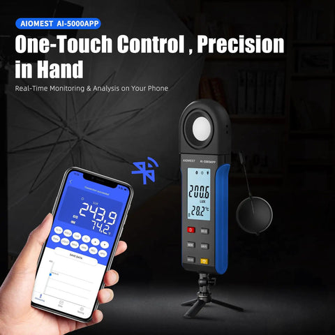 Bluetooth Light Meter With App For Indoor Plants Photography And Aquarium Lighting AIOMEST Digital Lumen Tester 0.1 To 400000 Lux FC Range 270 Degree Rotating Sensor Real Time Monitoring And Data Logging, handheld meter with phone app