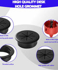 Premium Black Desk Grommets 2 Inch 10 Pack With Cable Management Kit, featuring ABS plastic and threaded surface.