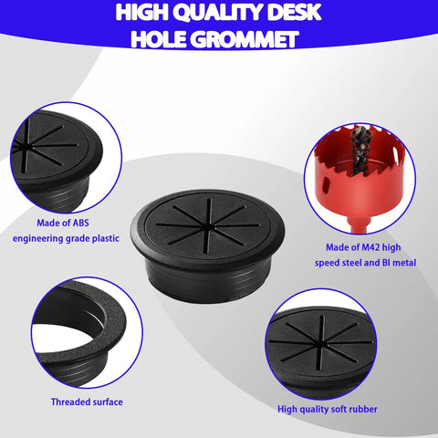 Premium Black Desk Grommets 2 Inch 10 Pack With Cable Management Kit, featuring ABS plastic and threaded surface.