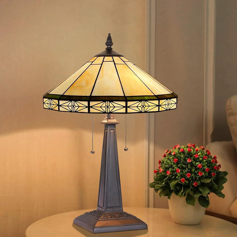Stained Glass Tiffany Style Table Lamp With 2 Lights, 16 Inch Wide Cream Color Shade in cozy living room setting
