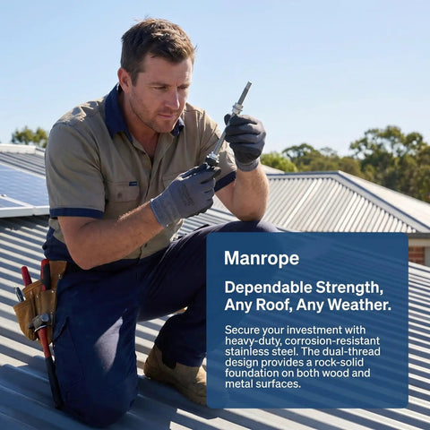 Stainless Steel Solar Panel Hanger Bolt Rock Solid Anchor Hardware being installed on metal roof for solar rig support.