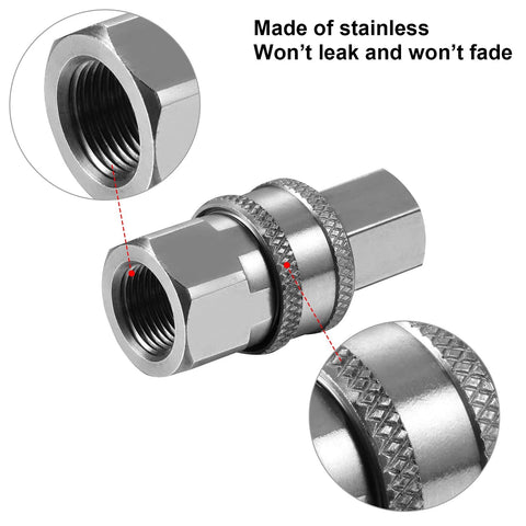 Front view of stainless steel 3/8 in NPT quick connector kit with male and female ends and knurled nut.