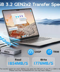 Premium Dual Bay M.2 Nvme Enclosure Deliverin Real Kickin 20Gbps Usb 3.2 Gen2x2 Speed with laptop and transfer speed graphic