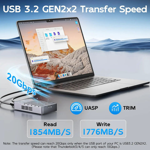 Premium Dual Bay M.2 Nvme Enclosure Deliverin Real Kickin 20Gbps Usb 3.2 Gen2x2 Speed with laptop and transfer speed graphic