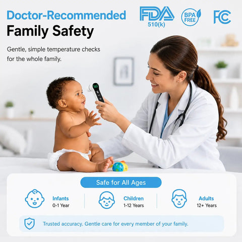 No Touch Infrared Thermometer For Forehead And Ear With 1 Second Readings, Two Modes For All Ages, Forehead Scan Or Ear Probe, Four Color Coded Fever Indicator For Quick Home Health Checks used by doctor with baby