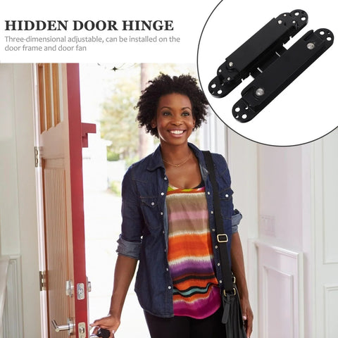 Beefy Heavy Duty Concealed Door Hinge For Wood Doors Adjustable Multi Directional Invisible Cross Hinge 180 Degree Swing Load Bearing 40kg Metal Hinge For Home Interiors shown with open wooded door next to a smiling woman in a colorful top.
