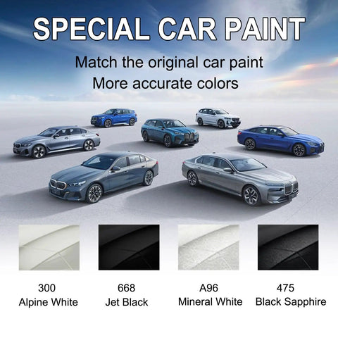 Display of BMW cars with colors like Alpine White 300, Jet Black, Mineral White, Black Sapphire for accurate touch up paint matching.
