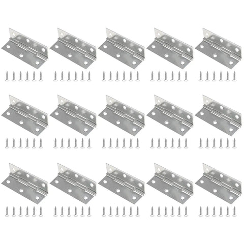 Top Tier 12 Pack Of 2.5 Inch Mini Butt Hinges In Classic Silver Finish Built Different From Rustproof 304 Stainless Steel For Smooth Cabinet Door Install And Heavy Duty Tool Box Assemblies Includes All Mounting Screws, showing four rows of mini butt hinges with screws.