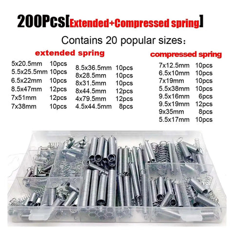 200 Pcs Spiral Galvanized Extended Compression Spring Assortment Kit Box Set Pro Grade With 20 Popular Sizes in plastic case