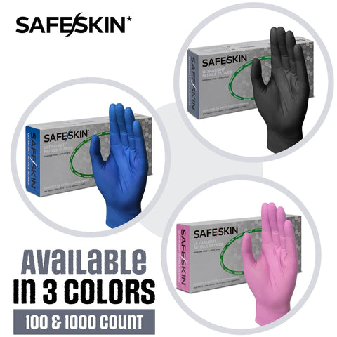 Safeskin Ultralight nitrile gloves, 2.0 mil, X-Large, black/blue/pink, powder-free, latex-free, 100- and 1000-count boxes