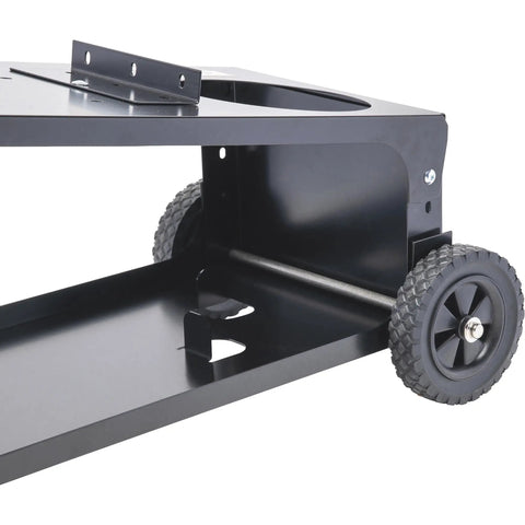 Side view of Heavy Duty Welding Cart for Welder With Dual Tier Angled Top Shelf Holds 80 Cu Ft Gas Cylinder Cables and Accessories Two Wheels Portable Steel Cart Black showing wheels and lower shelf.