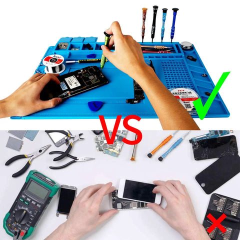 Comparison of Magnetic Silicone Soldering Mat Work Station Pro Gear With Built In Ruler vs traditional tools for DIY phone repair
