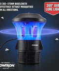 Outdoor Bug Trap With UV Light And Powerhouse Fan For Half Acre Coverage, Quiet Insect Control, black unit with blue light