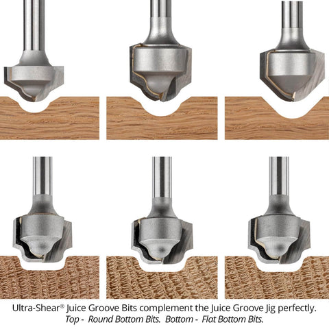 Ultra-Shear Juice Groove Bits for Juice Groove Router Jig, round and flat bottom bits displayed on wood surfaces.