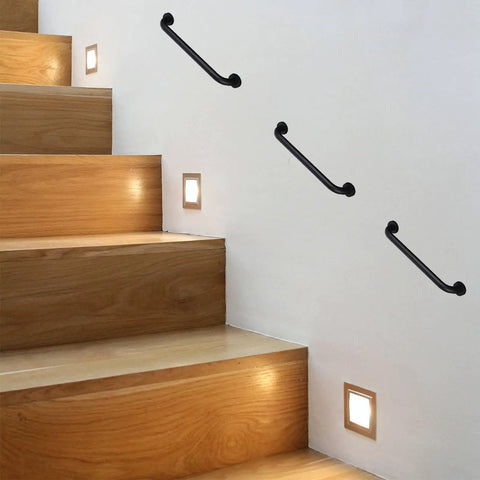 Built Like A Tank Matte Black Stainless Steel Grab Bars 12 Inch Handrail Heavy Duty Safety Rail mounted on staircase wall.