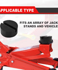 2 Pack Rubber Floor Jack Pad Kit For Universal Car Lifts And Jack Stands Heavy Duty Slotted Frame Rail Pinch Weld Protection Anti Slip Thick Rubber Pads Sized 2.8 Inch Diameter And 1.3 Inch Tall shown on red floor jack