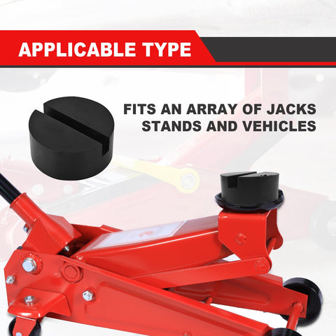 2 Pack Rubber Floor Jack Pad Kit For Universal Car Lifts And Jack Stands Heavy Duty Slotted Frame Rail Pinch Weld Protection Anti Slip Thick Rubber Pads Sized 2.8 Inch Diameter And 1.3 Inch Tall shown on red floor jack