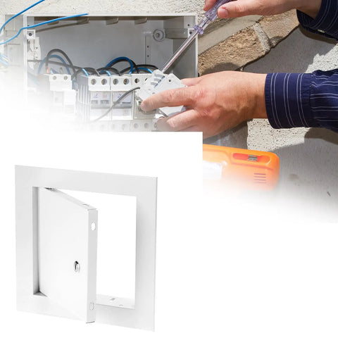 Heavy Duty Aluminum Alloy Access Panel 6X6 Inch Service Door for Wall and Ceiling Electrical Repair with screwdriver in use.