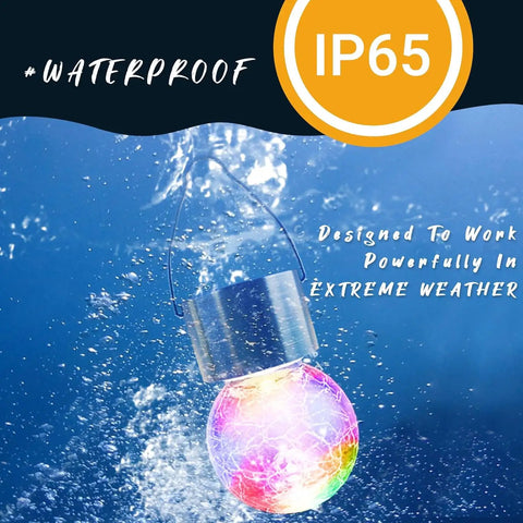 Colorful cracked glass lantern submerged in water highlighting waterproof feature of 8 Pack Solar Hanging Lights Outdoor Waterproof Lanterns.