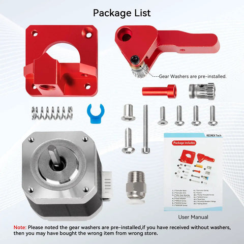 Beefed Up Dual Gear Ender 3 Extruder With Nema 17 Motor For Creality 3D Printers package list showing components and user manual