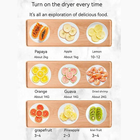 Kickstart Your Prep With This Kickass Silver Food Dehydrator Featuring Twelve Sturdy Racks, showcasing dried fruits and shrimp.