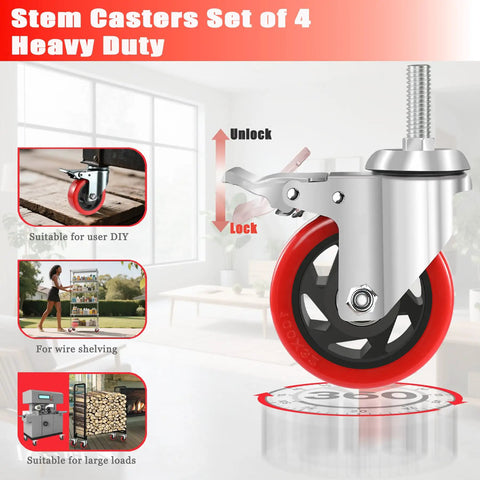 4 Inch Heavy Duty Locking Swivel Caster Wheels Set Of 4 With Half Inch Threaded Stem 13 UNC And 1.25 Inch Stem Length